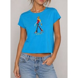 NEW‎ VTG Jack B Quick Turquoise Blue Sequin Beaded Goddess Graphic T-Shirt Small